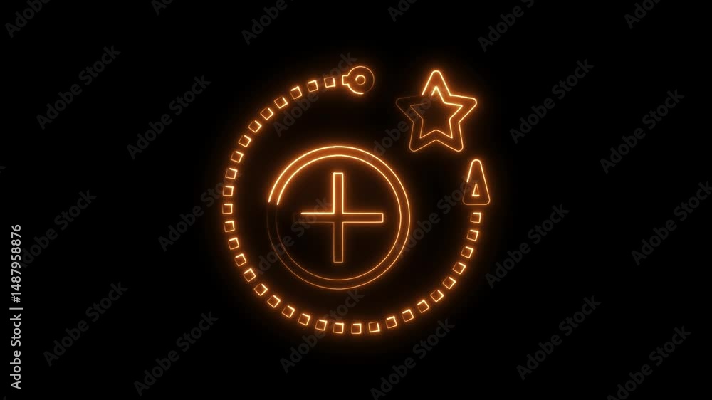 Poster glowing neon icon animation with addition symbol and star icon on black background