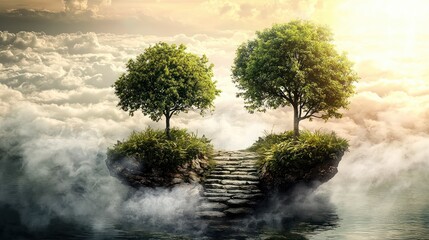 Floating island with stone steps and trees in a dreamy sky.