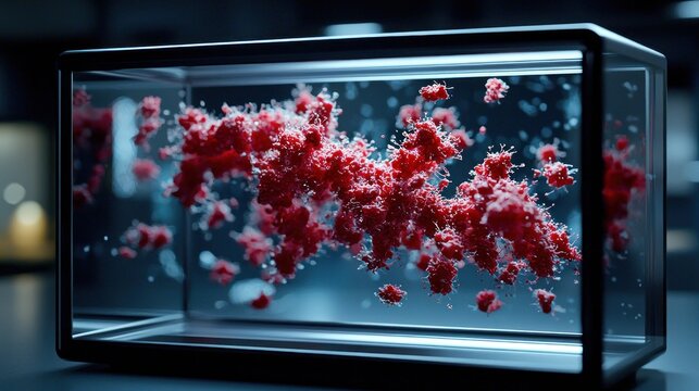 Abstract representation of vibrant red particles suspended in a glass container, showcasing dynamic movement