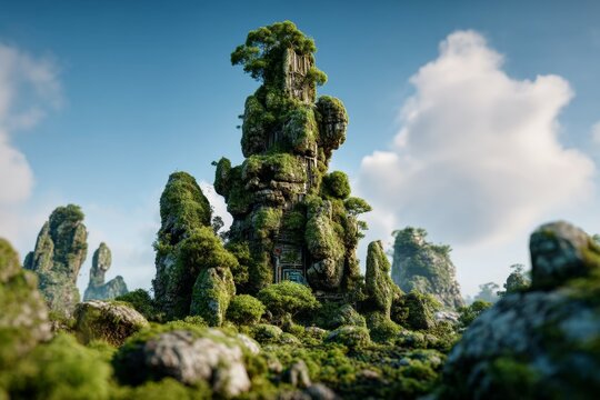 Majestic rock formation with lush greenery under a bright blue sky in a serene natural landscape, showcasing vibrant nature and tranquility