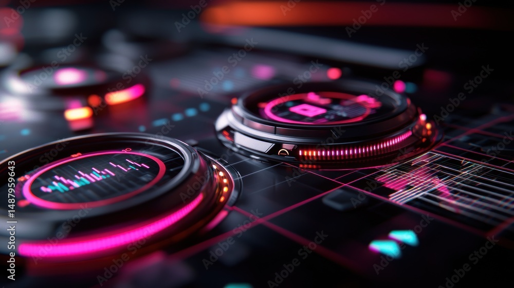 Poster close-up view of a futuristic audio mixing console with vibrant neon lights and graphs