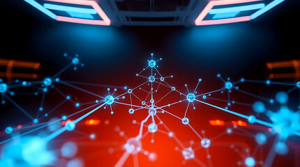 Futuristic digital interface with AI and neural network visualization background