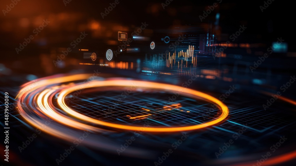 Poster futuristic digital interface with glowing elements, data visualization, and technology background
