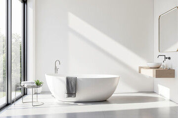 Sleek modern bathroom with white freestanding bathtub, wood vanity and round mirror in minimal style, bright interior architecture, sunlight background. Ai generative