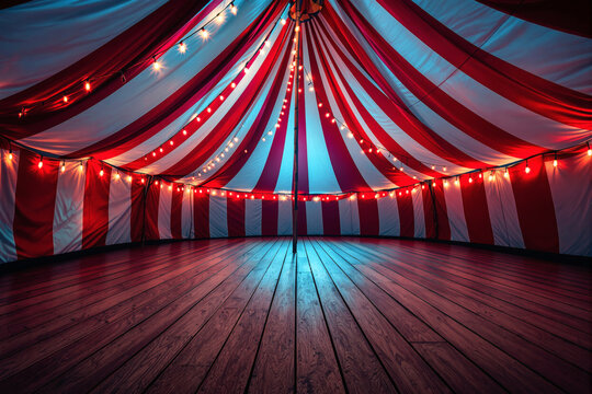 Inside a red and white circus tent with glowing lights, wooden floor, and a central pole, in a modern architectural symmetrical background. Ai generative