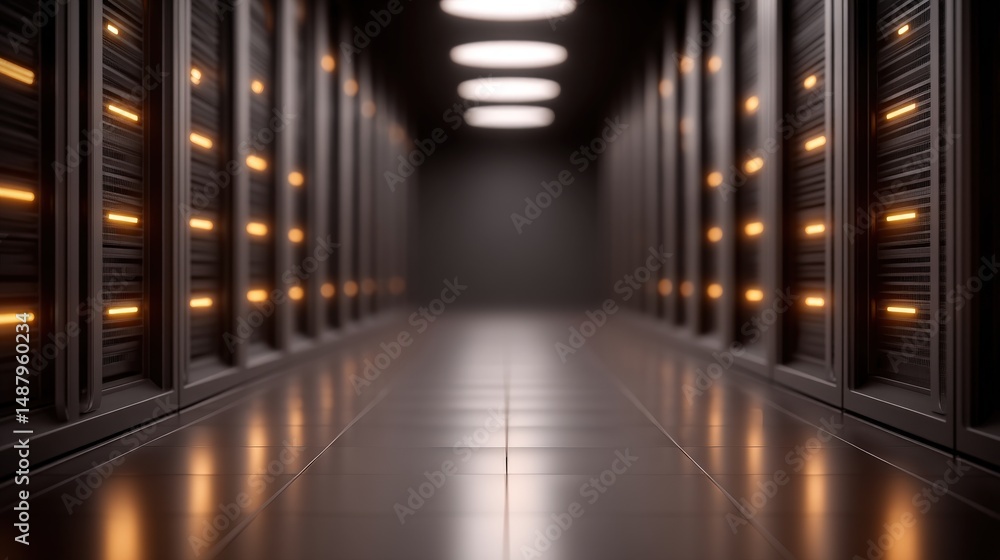 Poster modern data center with illuminated server racks showcasing cutting-edge technology and sleek design