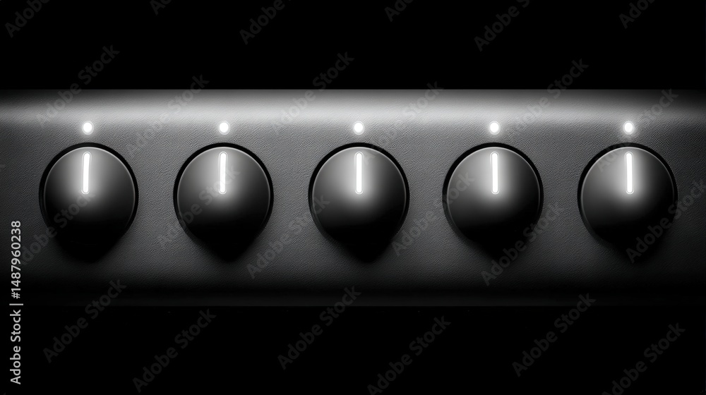 Poster close-up view of five black control knobs with illuminated indicators on a sleek dark surface showca