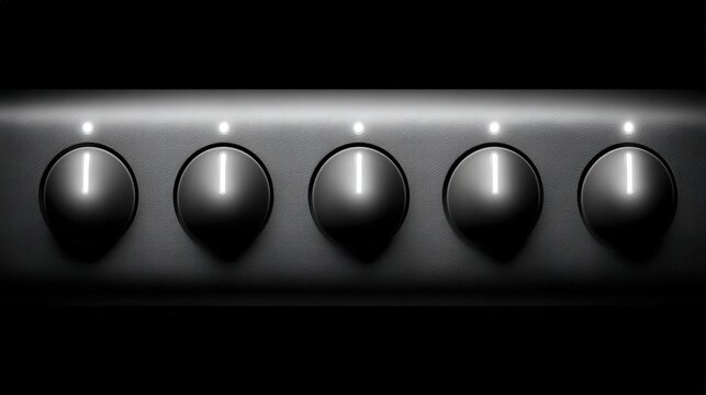 Close-up view of five black control knobs with illuminated indicators on a sleek dark surface showcasing precision engineering and modern design principles captured with clarity