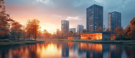 Modern Urban Landscape with Sunset Reflection on Water Body