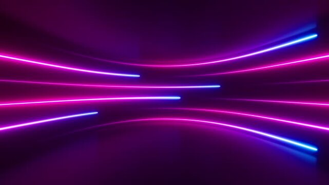 Bright neon lights flow abstract background. Colorful beams motion texture in 3d space. Shiny laser animated lines with futuristic glow effect. Seamless loop.