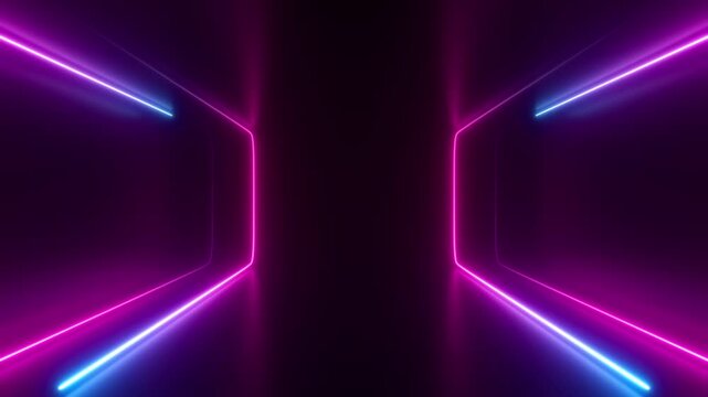 Colorful neon lights abstract background. Bright shiny beams flow. Motion texture with animated square borders. Show room template with copy space. Seamless loop.