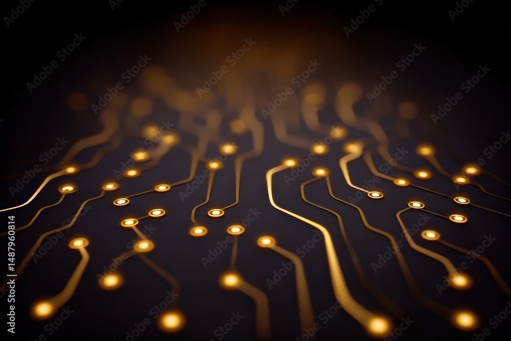 Poster illuminated circuit board design showcasing intricate connections with golden lines and luminous nod