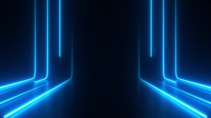 Futuristic abstract background with bright blue neon lights animation. Energy beams flow in 3d space motion texture. Shiny lines effect for cyber concept. Seamless loop.