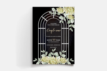 WEDDING INVITATION FRAME WITH FLOWER DECORATIONS AND FRESH LEAVES