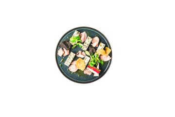 Colorful Easter eggs and floral designs with fresh Japanese sushi meal