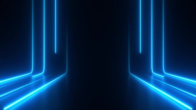 Futuristic abstract background with bright blue neon lights animation. Energy beams flow in 3d space motion texture. Shiny lines effect for cyber concept. Seamless loop.