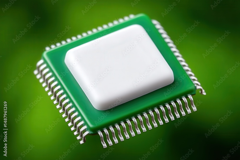 Poster high-performance microchip showcasing advanced technology and innovation on vibrant green background