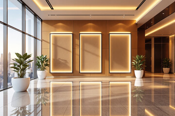 Contemporary lobby with glowing wood panels, potted plants, and city view through glass windows, modern architecture and stylish interior background. Ai generative
