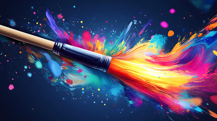 Fototapeta premium Vibrant paintbrush creating a colorful splash against a dark background, showcasing artistic expression