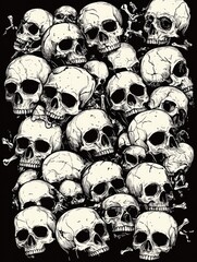 A dark, graphic design pattern of many skulls.