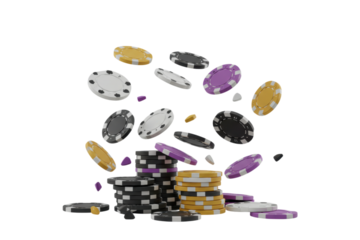 Falling poker chips and stacks representing casino gambling and chance