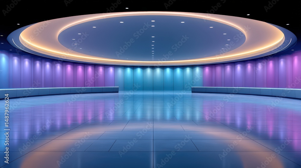 Poster modern abstract interior featuring illuminated walls in vibrant colors reflecting on stylish floorin