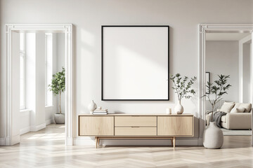 Minimalist modern interior with wooden sideboard, blank frame, and indoor plants in bright architectural background, concept of home decor. Ai generative