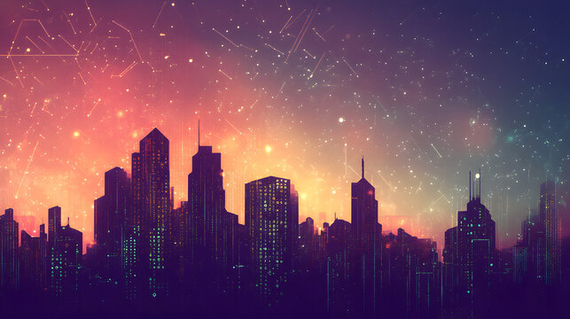 Abstract Data Cityscape: A city skyline is artistically formed out of tiny glowing data points and numeric digits, as if the buildings are made of data. The sky above is a gradient night with subtle