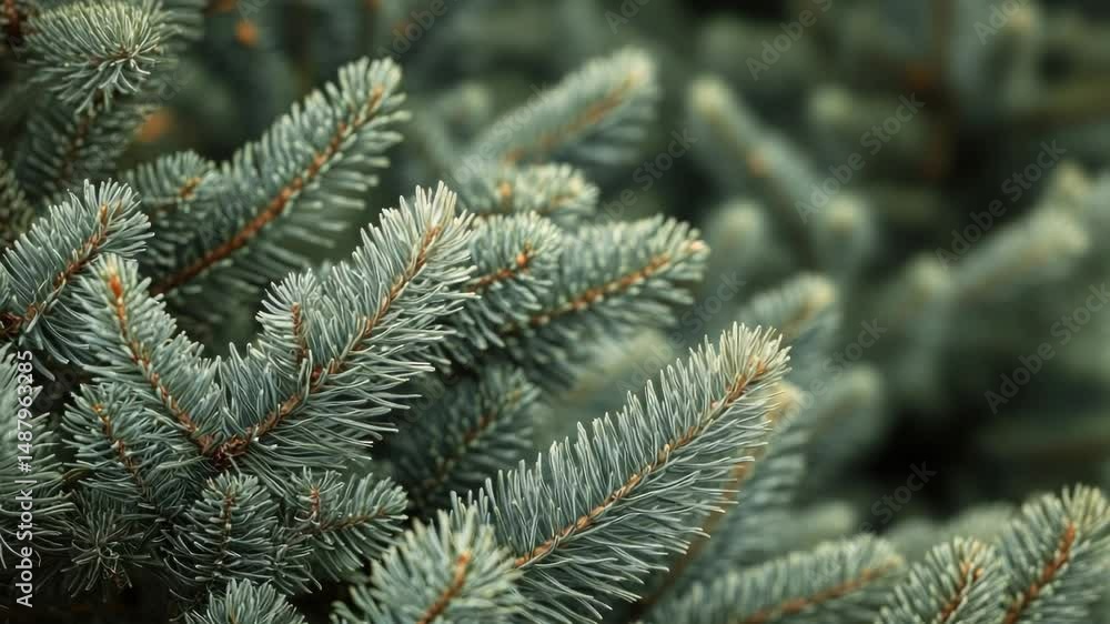 Poster a detailed view of a pine tree's green needles and branches