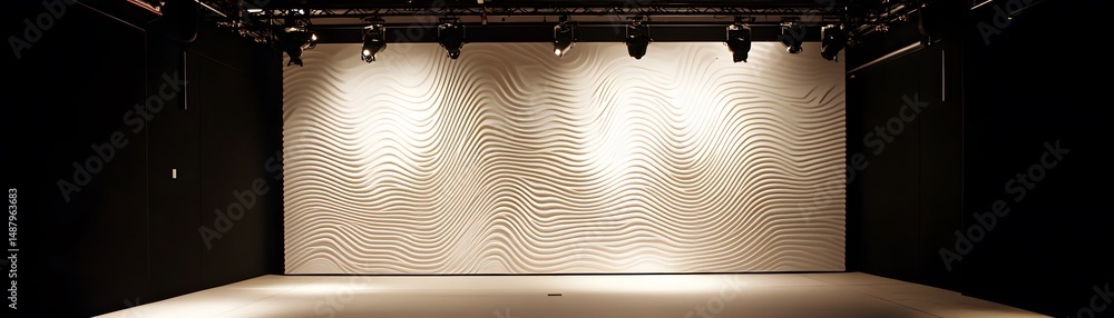 Poster empty stage with textured backdrop illuminated by lights.