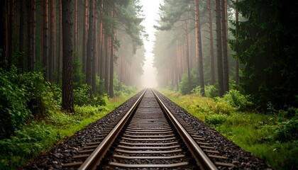 Obraz premium Railroad Track Through Foggy Forest