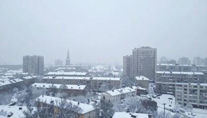 Serene Cityscape During Blizzard with Snow-Covered Streets and Buildings