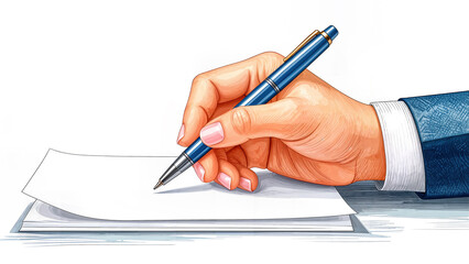 hand with pen and paper, pen poised to write