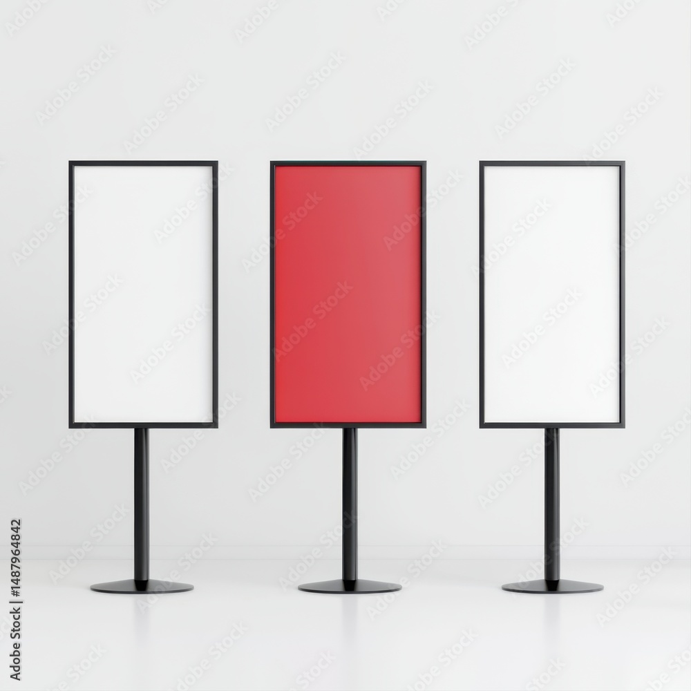 Poster empty advertisement panels in modern minimalistic style with a red accent