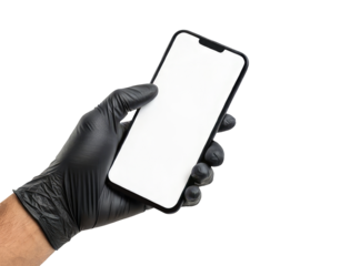 A Hand with a black glove holding a smartphone mockup with a blank white screen isolated on a transparent background png app or website design