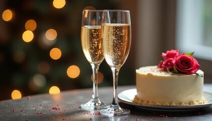 Sparkling champagne flutes with anniversary cake, feast, birthday, birthday