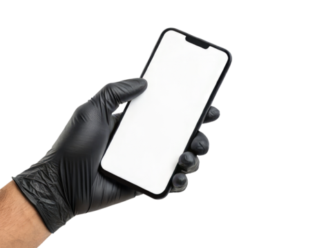 A Hand with a black glove holding a smartphone mockup with a blank white screen isolated on a transparent background png app or website design