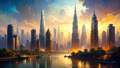Fototapeta premium Atmospheric Cityscape Rendered in Painterly Style with Expressive Brushstrokes