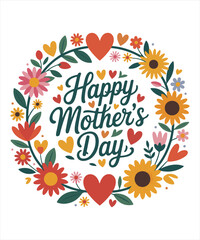Happy Mother's Day Floral Typography Vector Illustration with Colorful Flowers and Hearts
