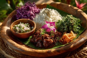 Hawaiian Plate Lunch Photography: Kalua Pork, Rice, Mac Salad, Lomi Salmon on Banana Leaf in Wooden Bowl. Tropical Food, Island Cuisine, Outdoor Setting, Warm Tone