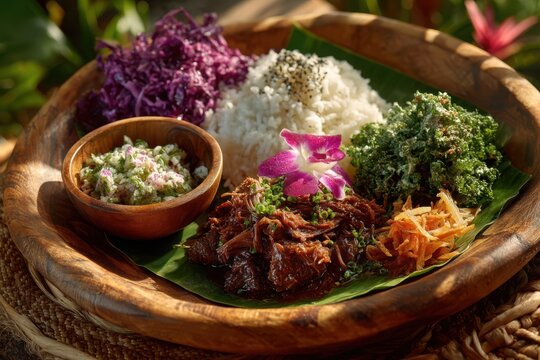 Hawaiian Plate Lunch Photography: Kalua Pork, Rice, Mac Salad, Lomi Salmon on Banana Leaf in Wooden Bowl. Tropical Food, Island Cuisine, Outdoor Setting, Warm Tone