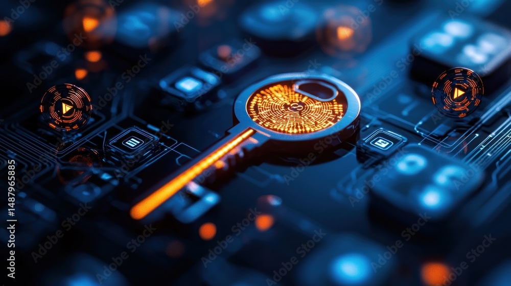 Poster glowing key on circuit board, symbolizing digital security and innovation in technology