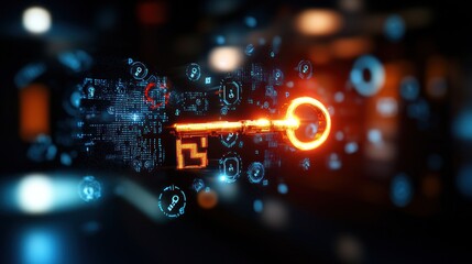 Fototapeta premium Futuristic digital key unlocking data in a high-tech environment with glowing elements