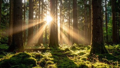 Fototapeta premium Golden Sunlight Piercing Through Serene Forest at Dawn