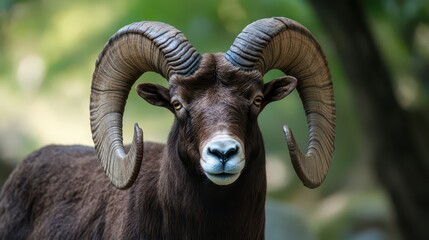 Fototapeta premium Ram with impressive curled horns in nature