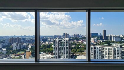 Fototapeta premium Urban Cityscape Viewed from Inside Building Through Large Window