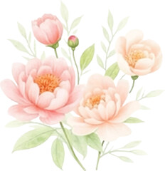 Naklejka premium Elegant Watercolor Painting of Delicate Peach Peonies and Greenery