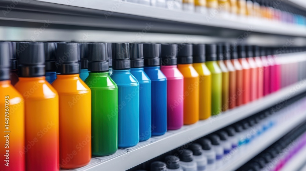 Poster vibrant display of colorful paint bottles on a shelf in a studio environment