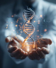 hands holding a double-helix DNA structure, with a doctor in a white coat and holographic medical data floating around them