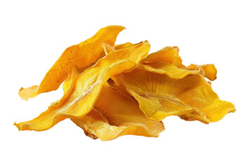 Fototapeta premium Flat yellow dried mango strips laid out in clean pattern Perfect for food photography, health snacks and ads